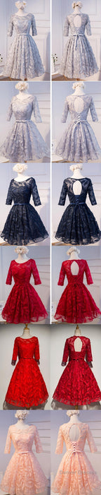 Unique Style Three-Quarter Sleeve Full Feather Appliques Keyhole Lace Up Back Tea-Length Homecoming Dress