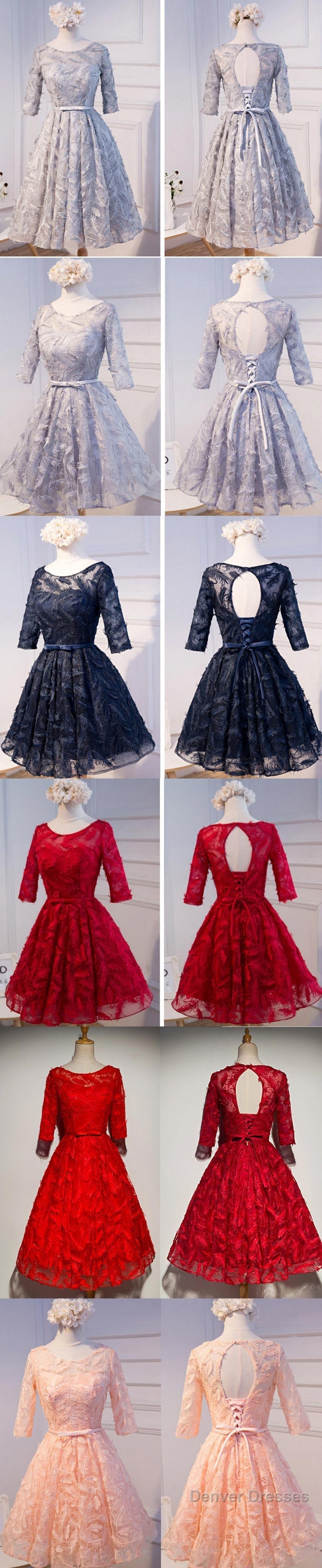 Unique Style Three-Quarter Sleeve Full Feather Appliques Keyhole Lace Up Back Tea-Length Homecoming Dress