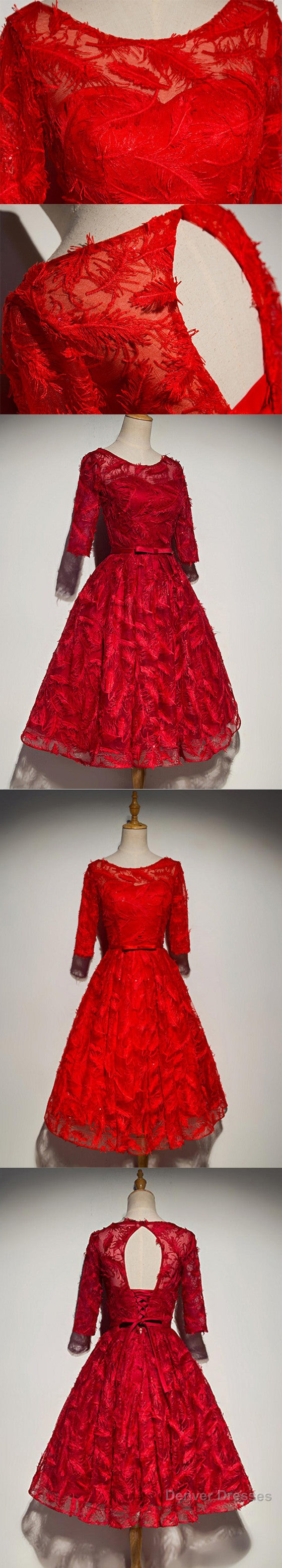 Unique Style Three-Quarter Sleeve Full Feather Appliques Keyhole Lace Up Back Tea-Length Homecoming Dress