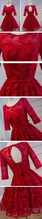 Unique Style Three-Quarter Sleeve Full Feather Appliques Keyhole Lace Up Back Tea-Length Homecoming Dress