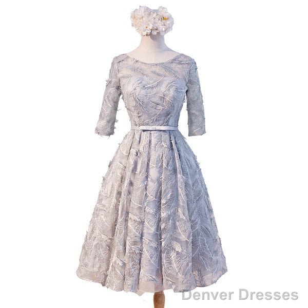 Unique Style Three-Quarter Sleeve Full Feather Appliques Keyhole Lace Up Back Tea-Length Homecoming Dress Main image