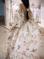 Unique Sweetheart Neck Puff Sleeves Long Prom Dress Printing Evening Dress
