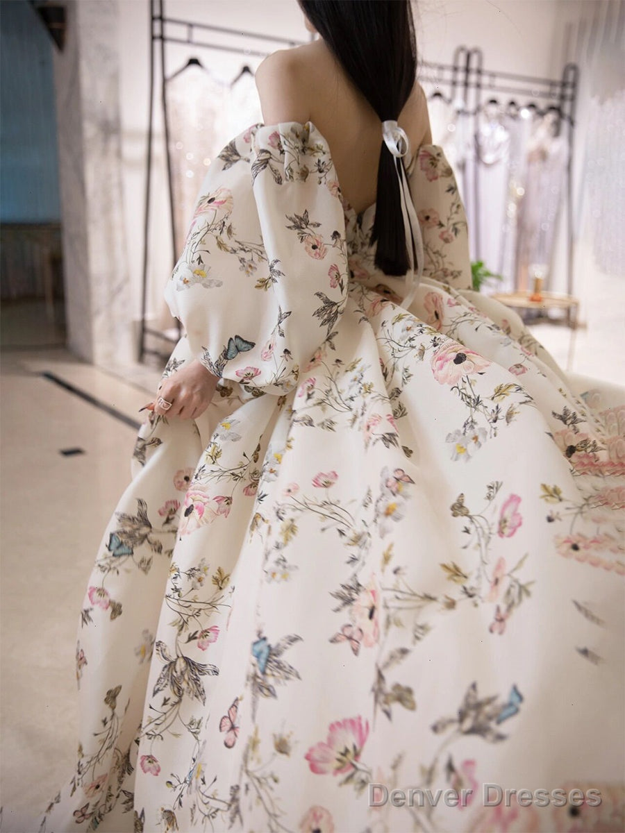 Unique Sweetheart Neck Puff Sleeves Long Prom Dress Printing Evening Dress
