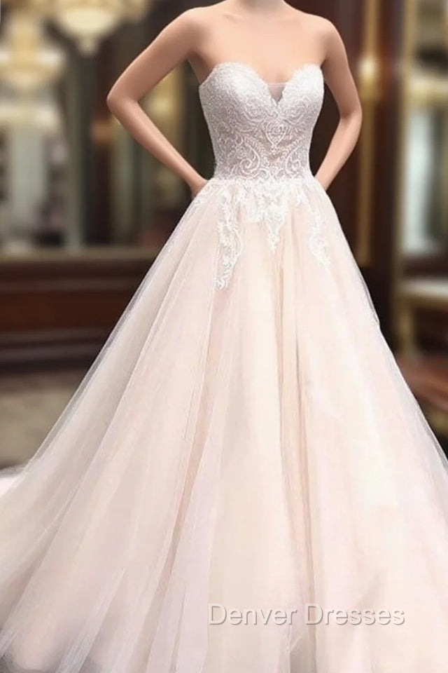 Unique Sweetheart Neck Tulle Lace Applique Long Wedding Dress, Lace Bridal Dress Main image