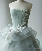 Unique Tulle Lace Gray Green Long Prom Gown, Tulle Lace Evening Dress