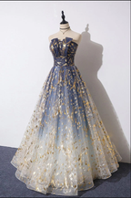 Unique A Line Strapless Blue Ombre Tulle Long Prom Dress Evening Dress