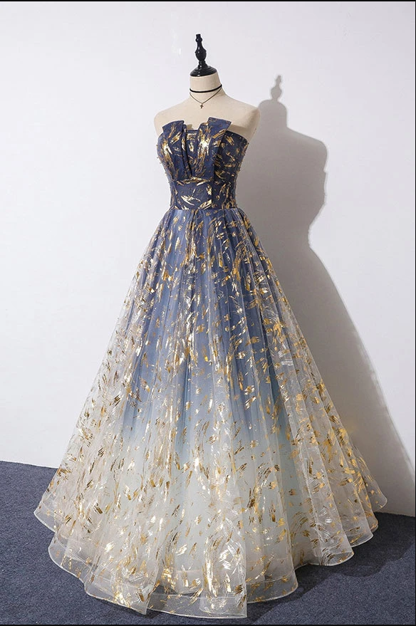 Unique A Line Strapless Blue Ombre Tulle Long Prom Dress Evening Dress