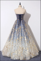 Unique A Line Strapless Blue Ombre Tulle Long Prom Dress Evening Dress