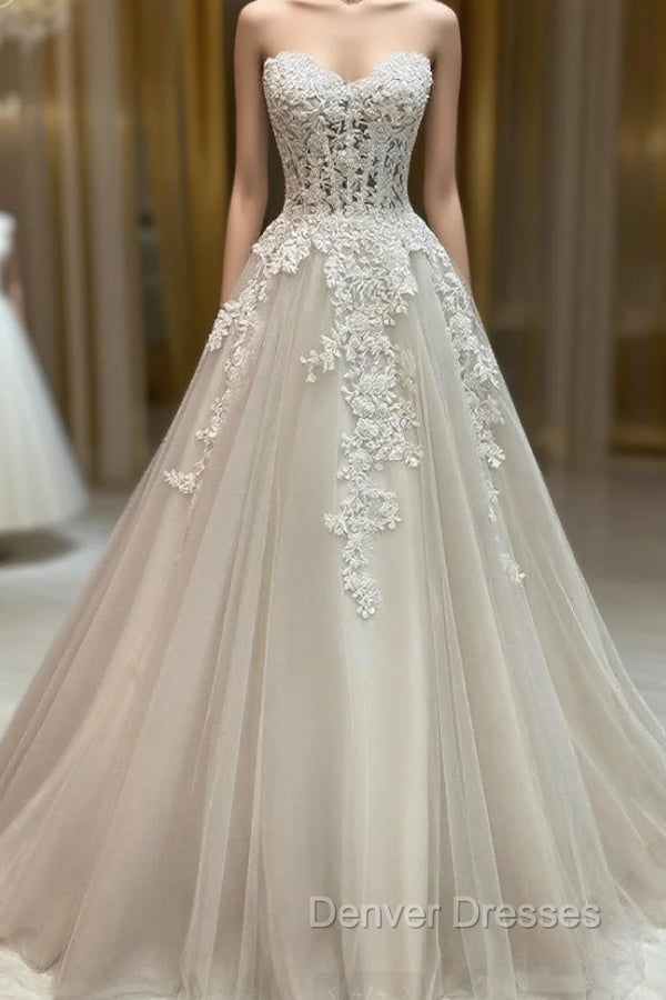 Unique Tulle Lace Long Wedding Dress, Tulle Lace Bridal Dress Main image