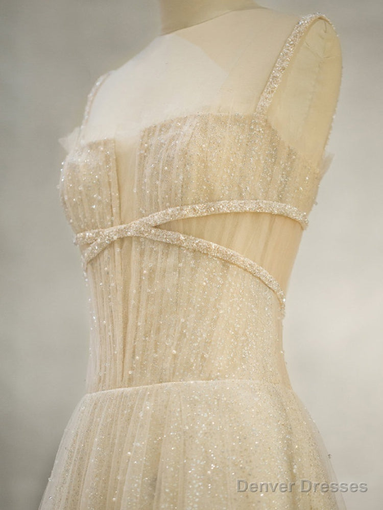 Unique Tulle Sequin Long Prom Dress, Tulle Sequin Graduation Dresses