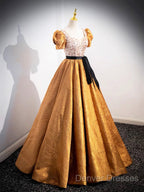 Unique V-Neck Beaded Floor Length Prom Dress, Beautiful A-Line Short Sleeve Party Dress