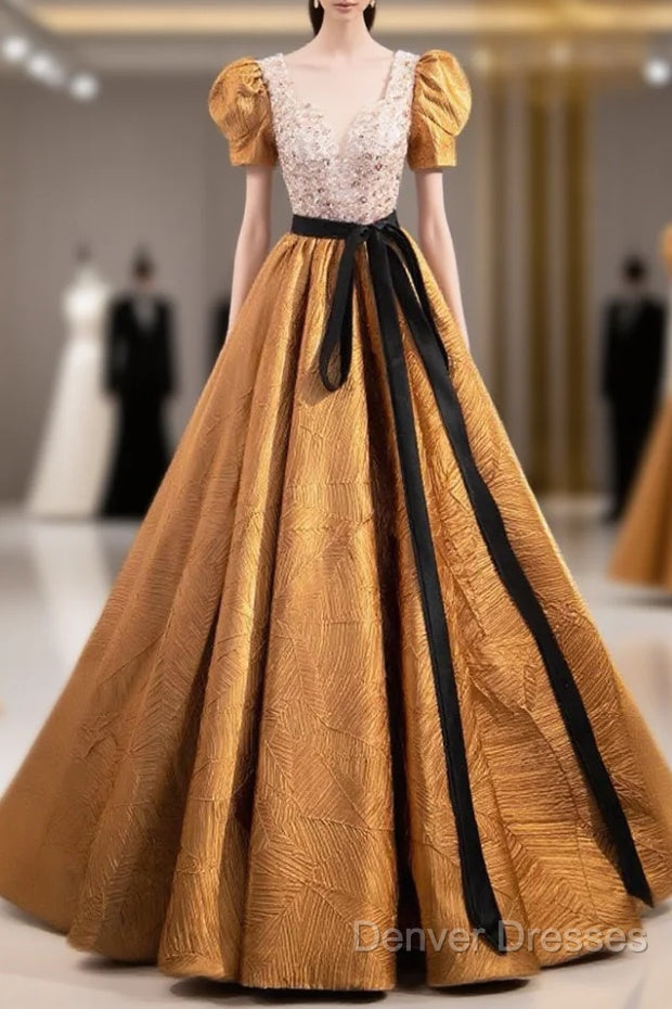 Unique V-Neck Beaded Floor Length Prom Dress, Beautiful A-Line Short Sleeve Party Dress Main image