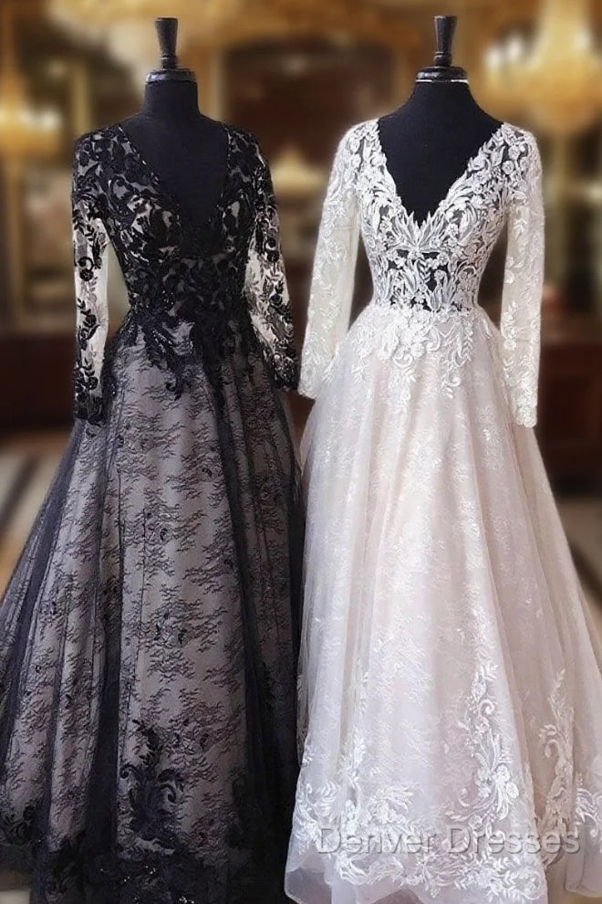 Unique V Neck Lace Tulle Long Prom Dress Lace Evening Dress Main image