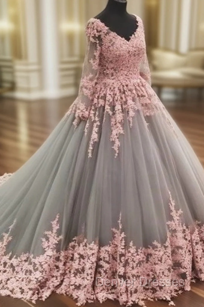 Unique V Neck Pink Lace Tulle Long Prom Dress, Pink Lace Tulle Wedding Dress Main image
