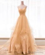 Unique V Neck Tulle A-Line Long Prom Dress Tulle Formal Dress