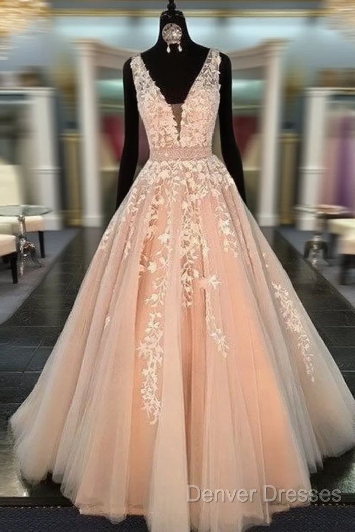 Unique V Neck Tulle Lace Long Prom Dress For Teens, Formal Dress Main image