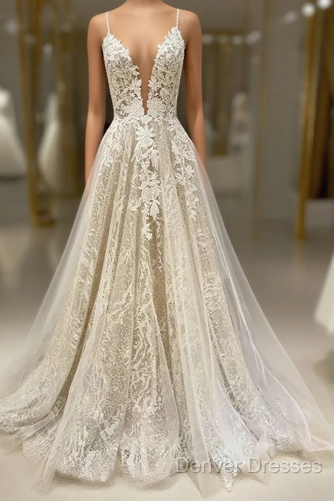 Unique V Neck Tulle Lace Long Prom Dress Lace Tulle Evening Dress