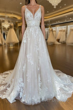 Unique v neck tulle lace long prom Dress, lace wedding Dress