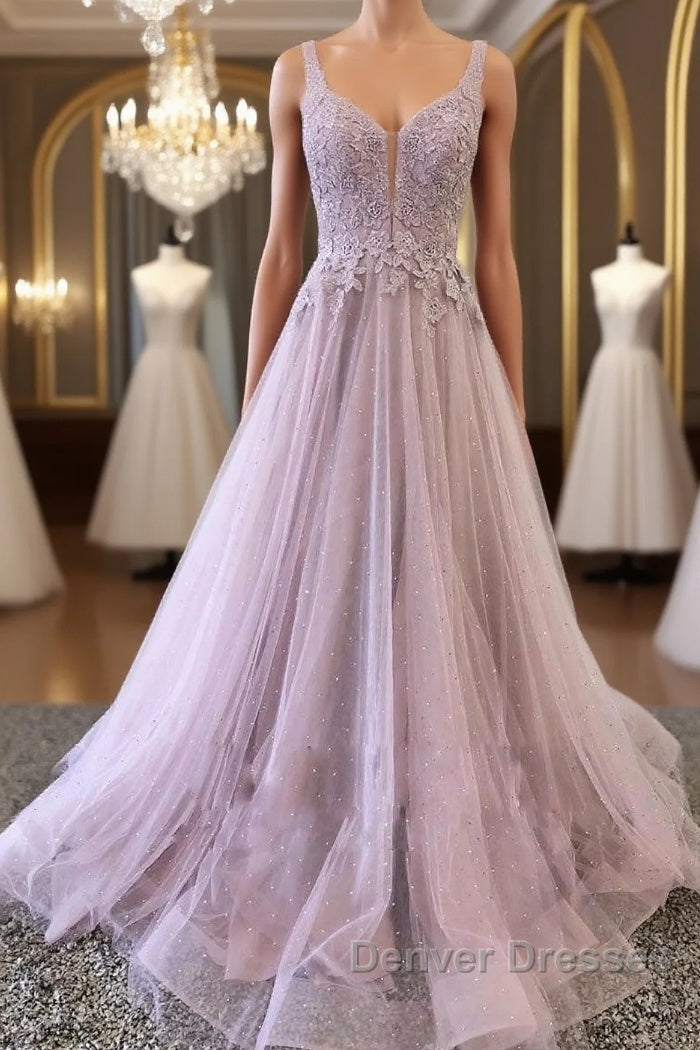 Unique v neck tulle lace long prom Dress, tulle evening Dress Main image