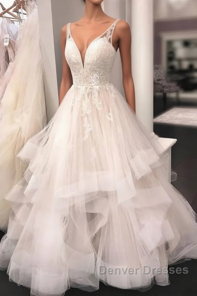 Unique v neck tulle lace long prom Dress, tulle lace wedding Dress