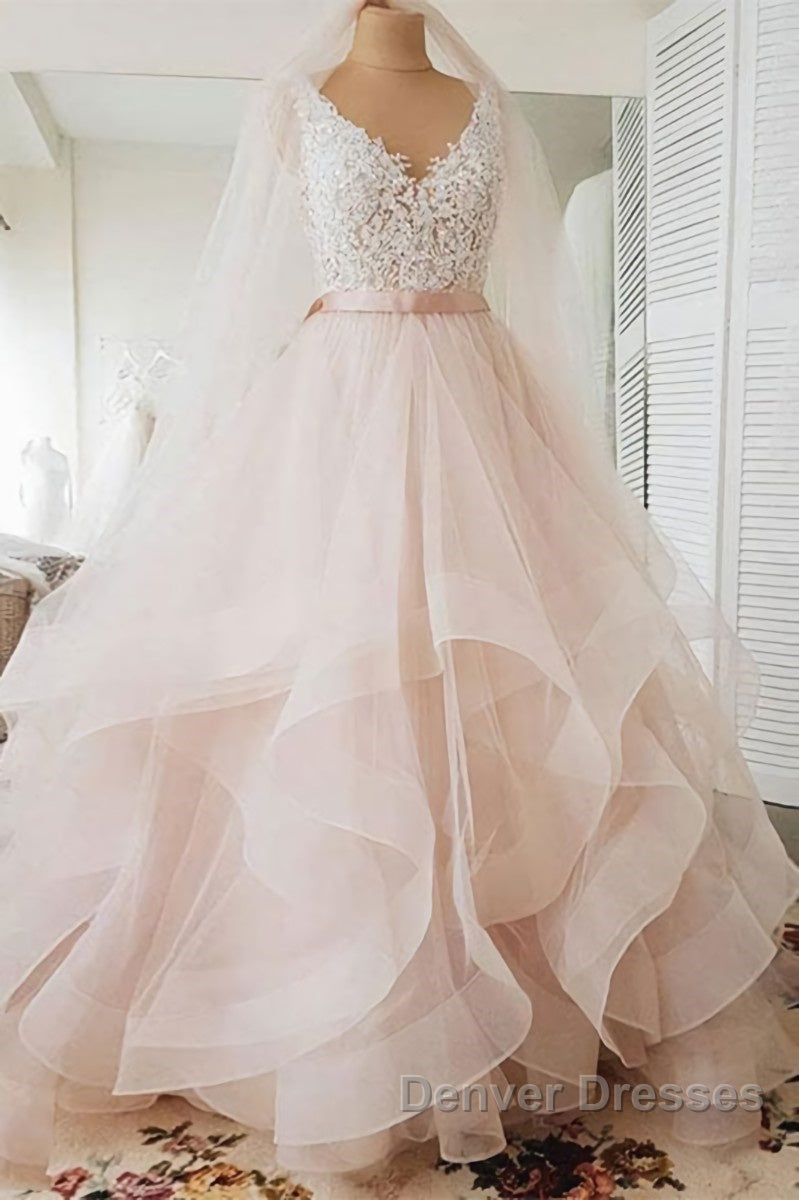 Unique v neck tulle lace long prom Dress, tulle wedding Dress