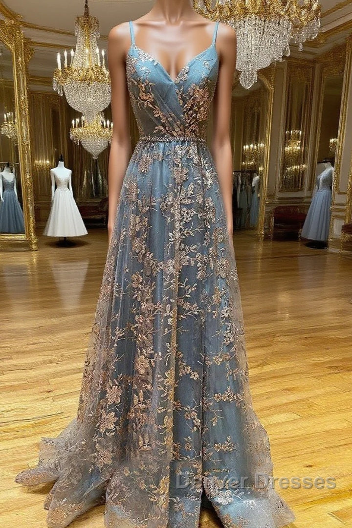 Unique v neck tulle sequin long prom Dress, sequin long evening Dress
