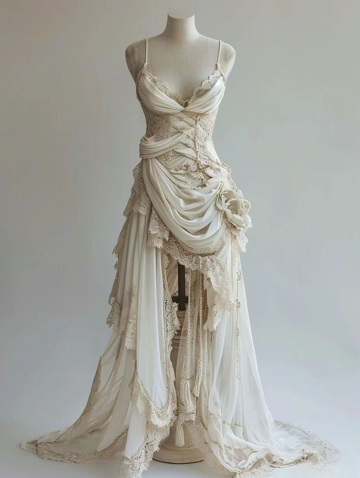 Unique Wedding Dress Lace Appliques Ruched Bridal Gown