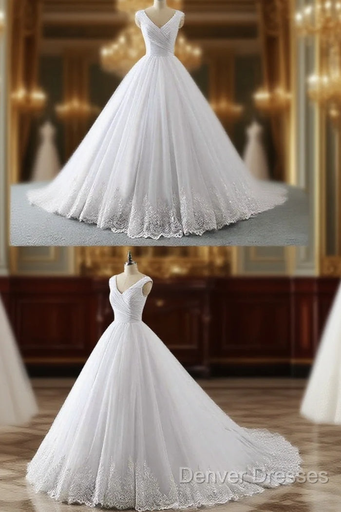 Unique White Lace V Neck Puffy Sweep Train Wedding Dress, Lace Formal Prom Dress