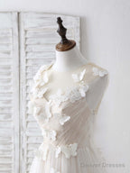 Unique White Round Neck Tulle 3D Lace Applique Long Prom Dresses