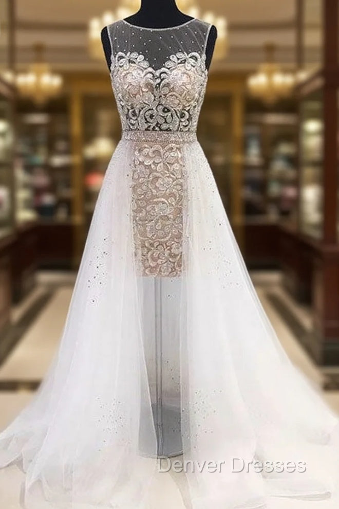 Unique White Round Neck Tulle Short Prom Dress, White Evening Dress