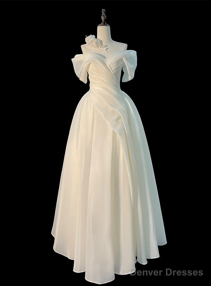 Unique White Satin Off the Shoulder Pleats Wedding Dress Main image