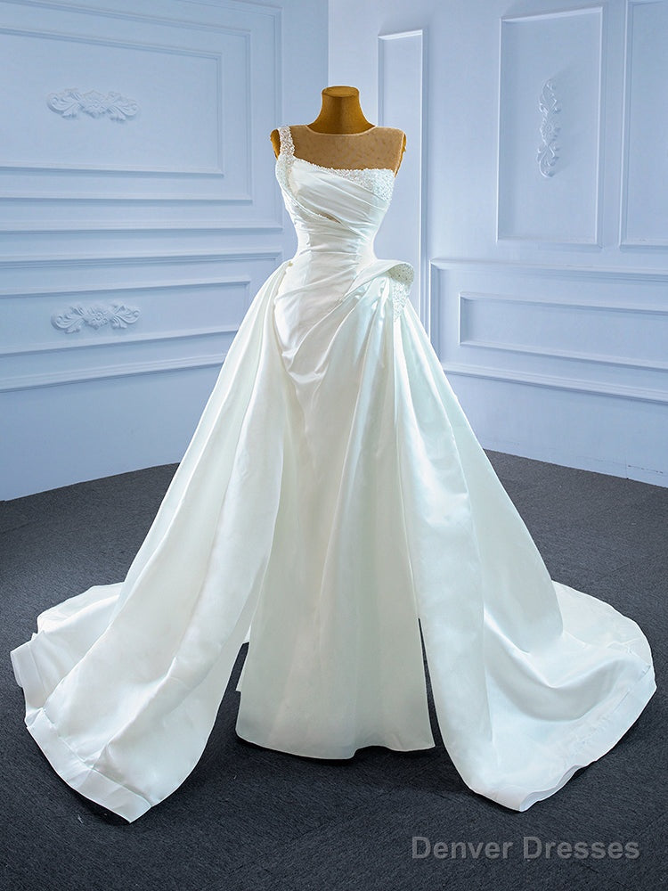 Unique White Satin Pleats Pearls Wedding Dress Main image