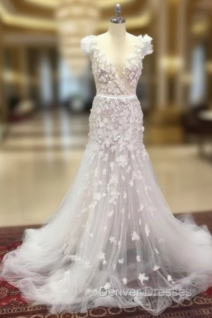 Unique White V Neck Tulle Long Prom Dress, Tulle Wedding Dress