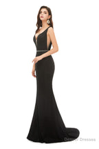 V Back Mermaid V Neck Beaded Waist Prom Dresses