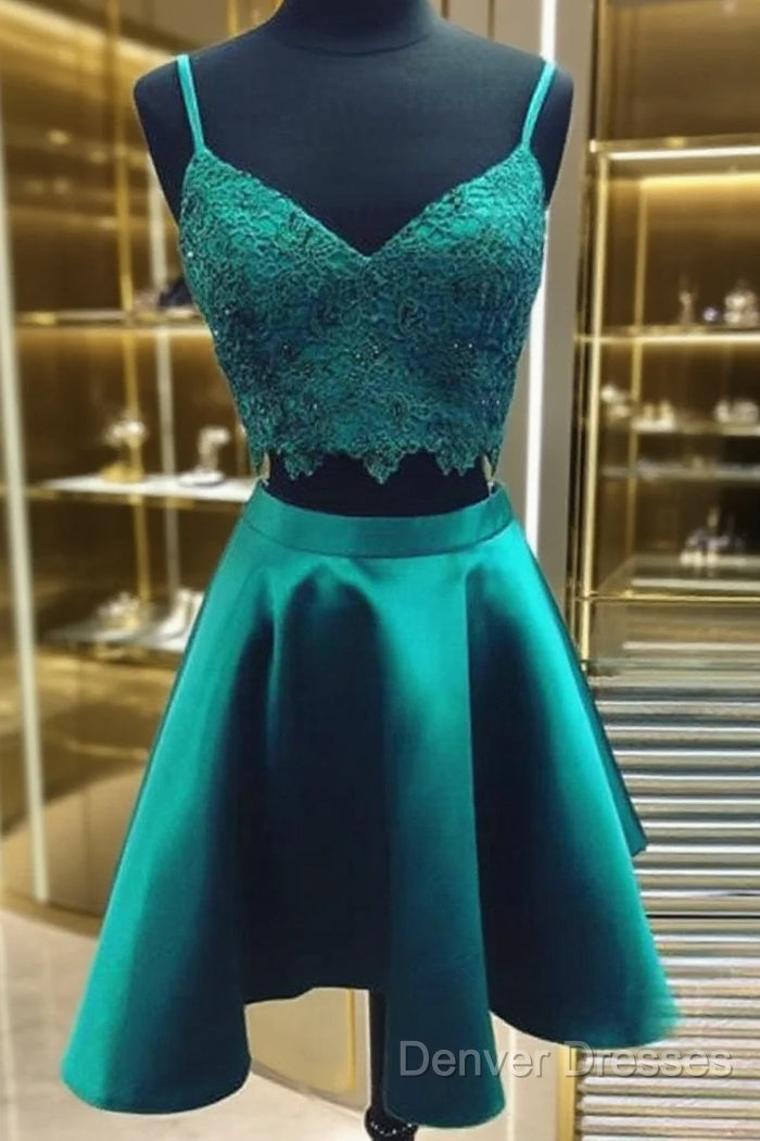 V Neck 2 Pieces Short Green Lace Prom Dress, Two Pieces Short Green Formal Homecoming Dress Main image