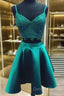 V Neck 2 Pieces Short Green Lace Prom Dress, Two Pieces Short Green Formal Homecoming Dress