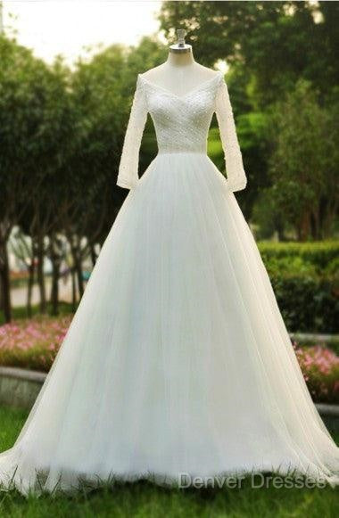 V-Neck A-Line Floor Length Tulle Wedding Dress With Beading Long Sleeves Secondary image