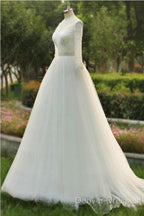V-Neck A-Line Floor Length Tulle Wedding Dress With Beading Long Sleeves