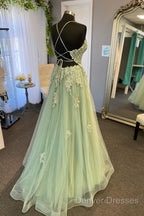 V Neck A Line Green Tulle Long Prom Dress With Applique