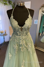 V Neck A Line Green Tulle Long Prom Dress With Applique