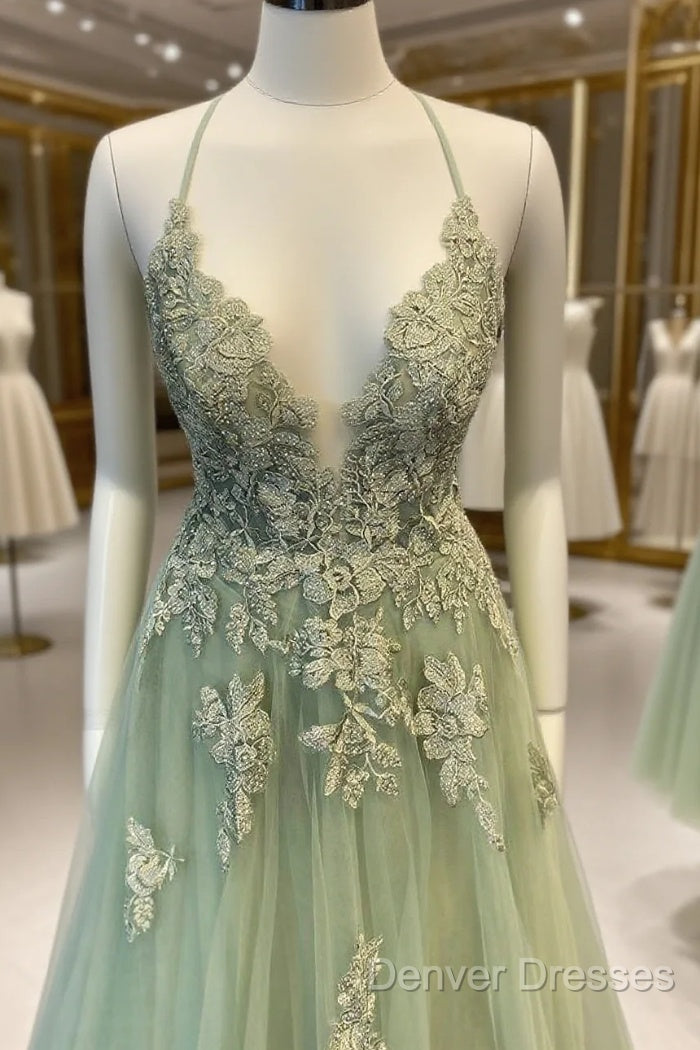 V Neck A Line Green Tulle Long Prom Dress With Applique