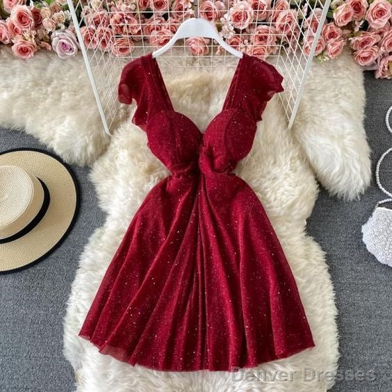 V Neck A Line High Waist Party Dress Homecoming Dress