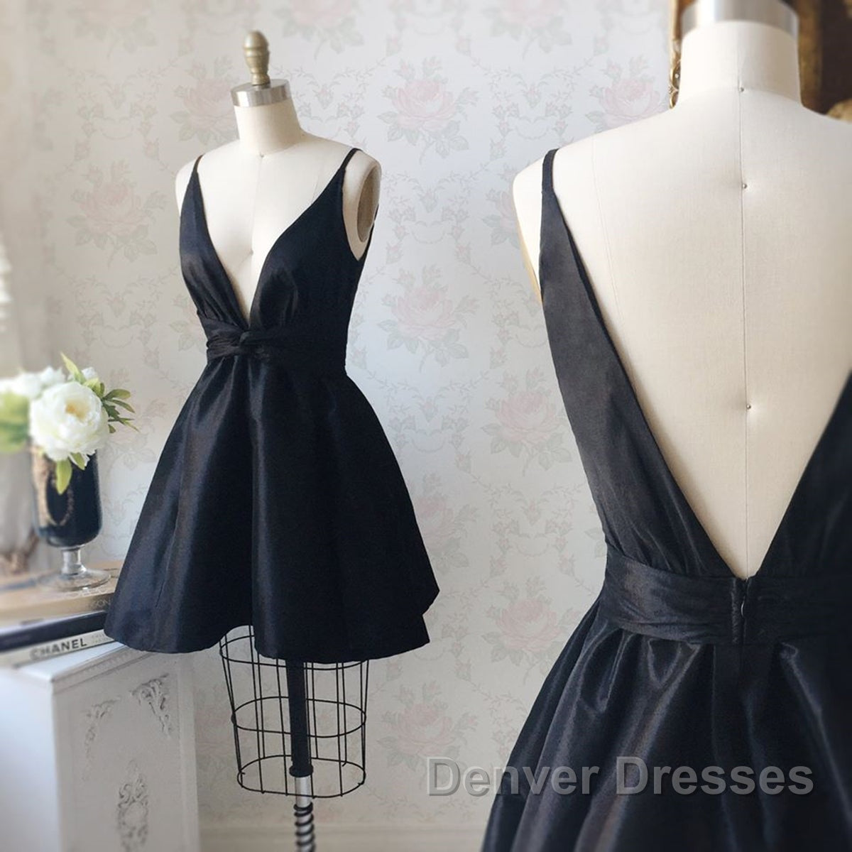V Neck and V Back Black Satin Short Prom Homecoming Dress, V Neck Black Formal Graduation Evening Dress, Black Cocktail Dress Secondary image