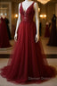 V Neck and V Back Burgundy Lace Long Prom Dress, Open Back Burgundy Formal Dress, Burgundy Lace Evening Dress