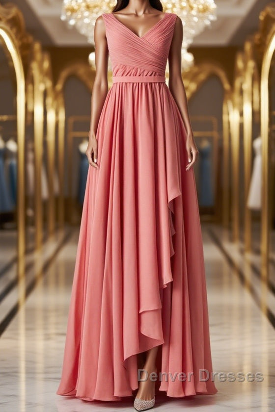 V Neck and V Back High Low Coral Chiffon Long Prom Dress, Long Coral Formal Evening Bridesmaid Dress with Slit Main image
