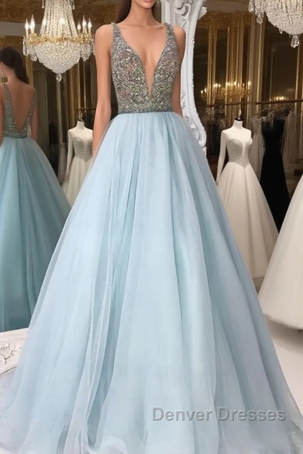 V Neck And V Back Sequin Tulle Long Blue Prom Dress, Blue Evening Dress
