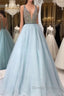 V Neck And V Back Sequin Tulle Long Blue Prom Dress, Blue Evening Dress