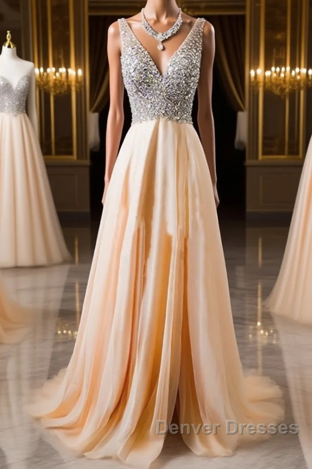 V Neck And V Back Sequins Chiffon Prom Dress, Long Formal Dress, Evening Dress