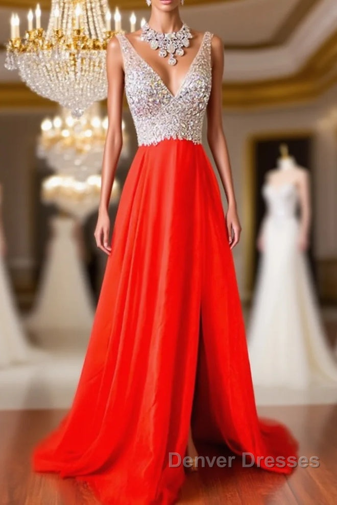 V Neck And V Back Sequins Chiffon Red Prom Dress, Long Red Formal Dress, Evening Dress Main image