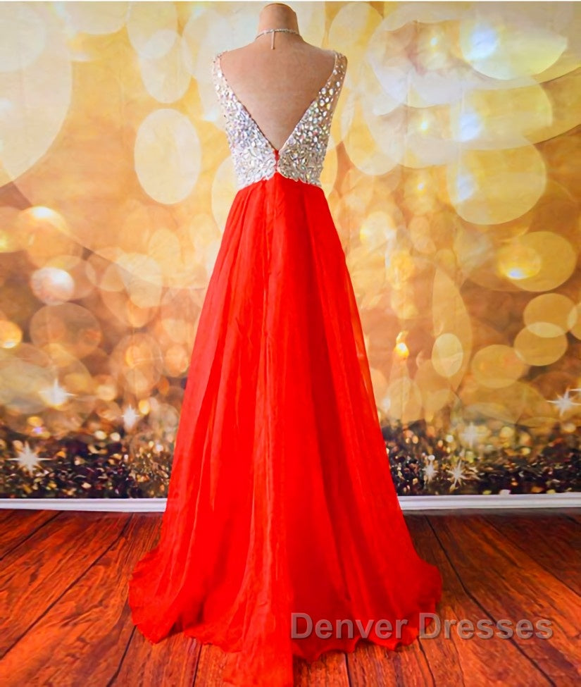 V Neck And V Back Sequins Chiffon Red Prom Dress, Long Red Formal Dress, Evening Dress